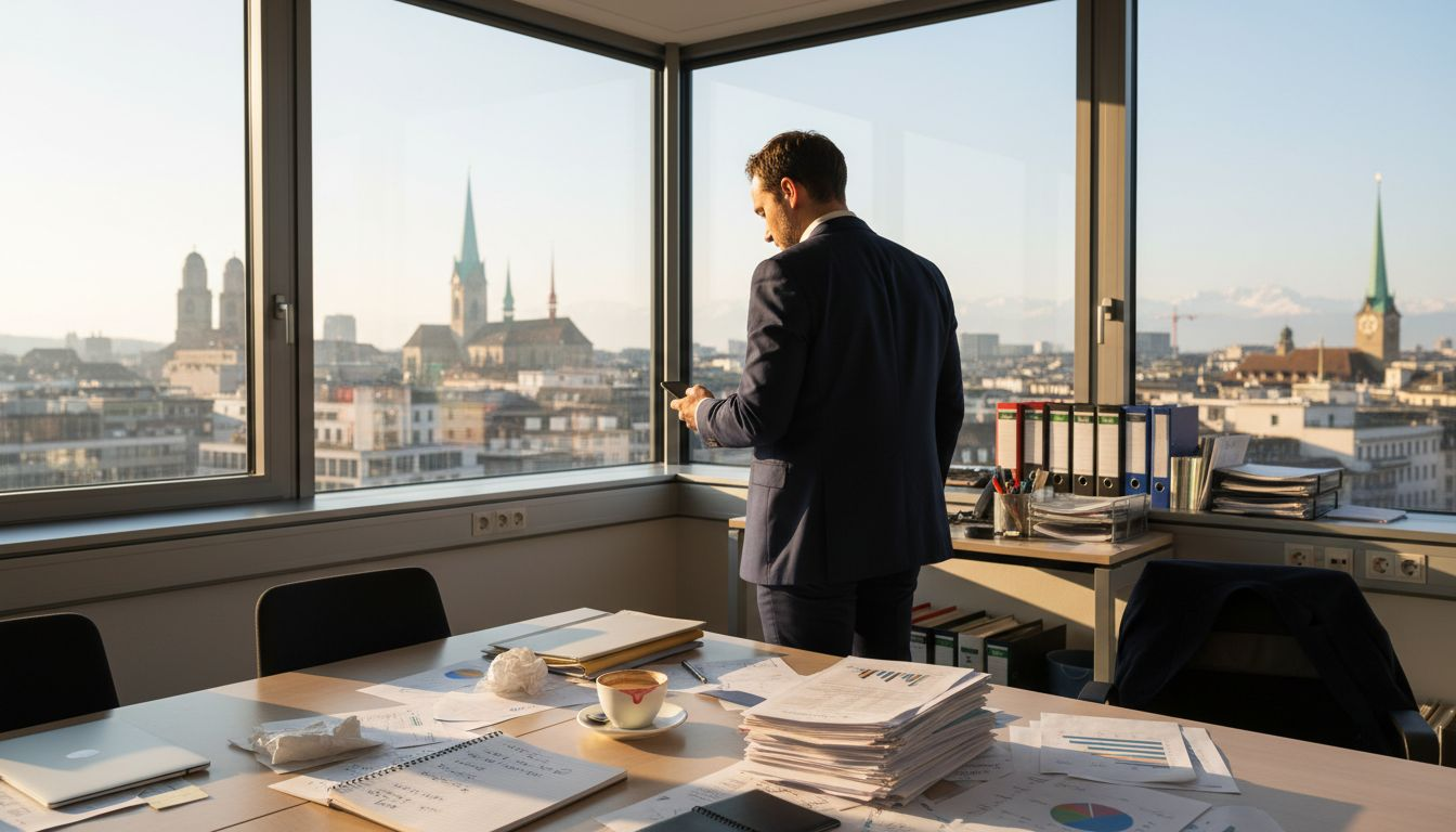 Entrepreneur in Swiss high-rise office with documents