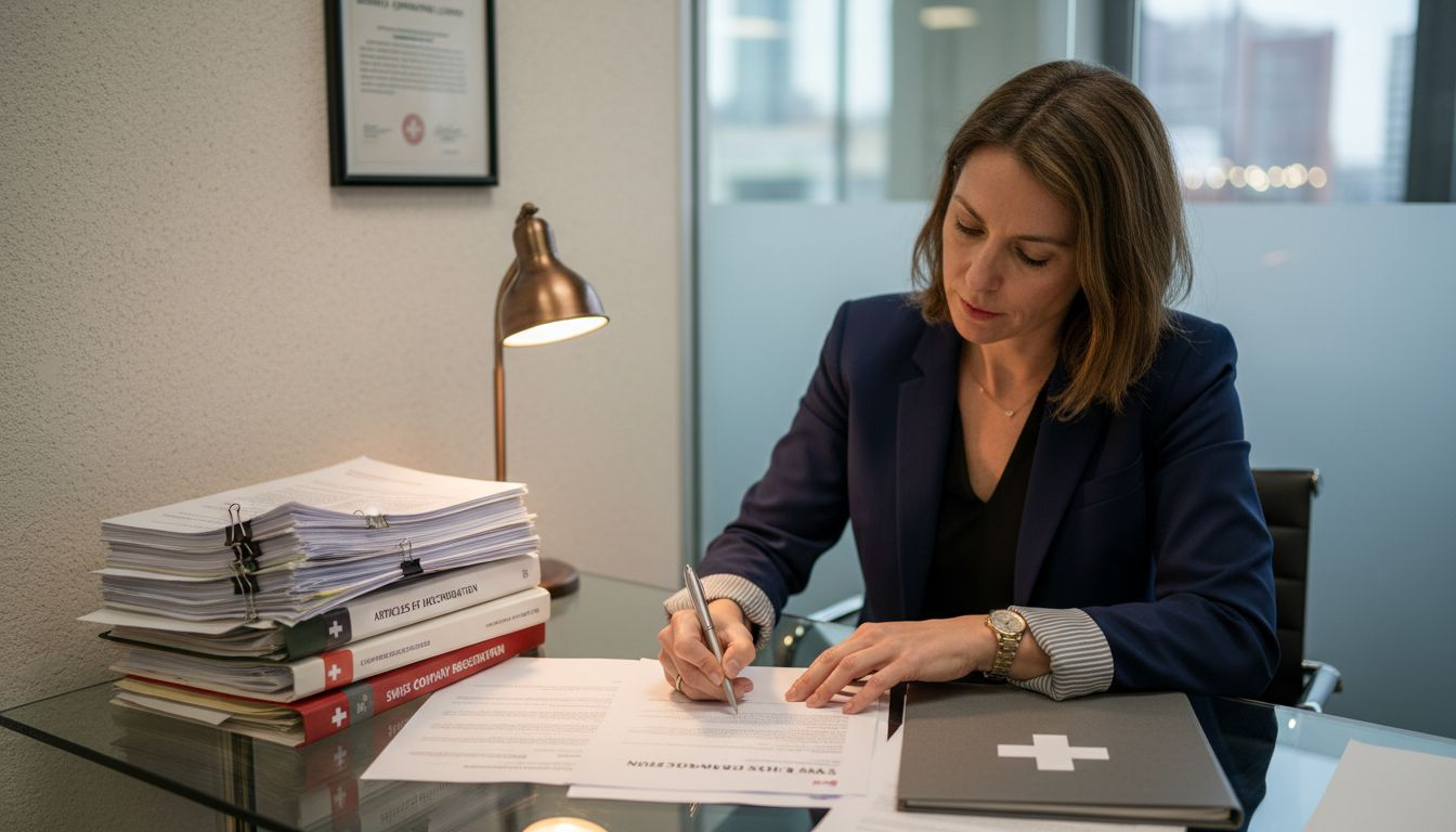 Founder signing Swiss legal documents at desk