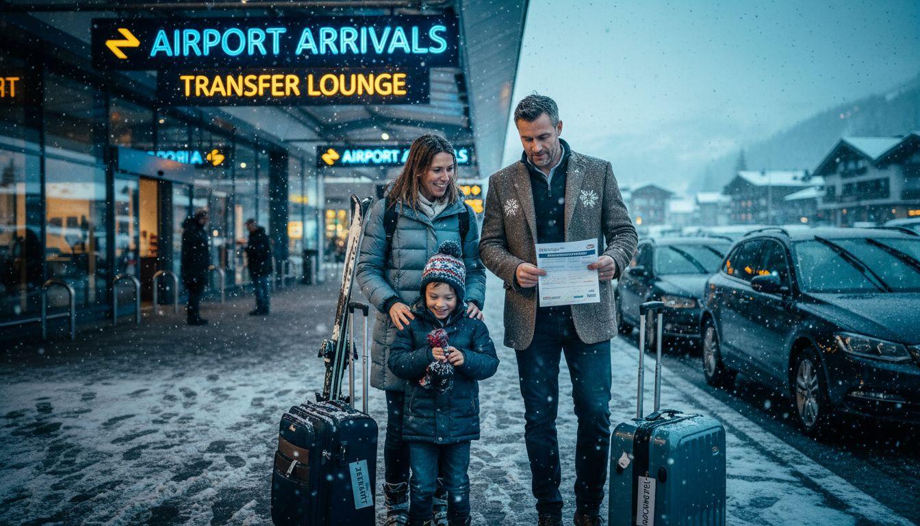 Family with luggage and skis at airport transfer minivan