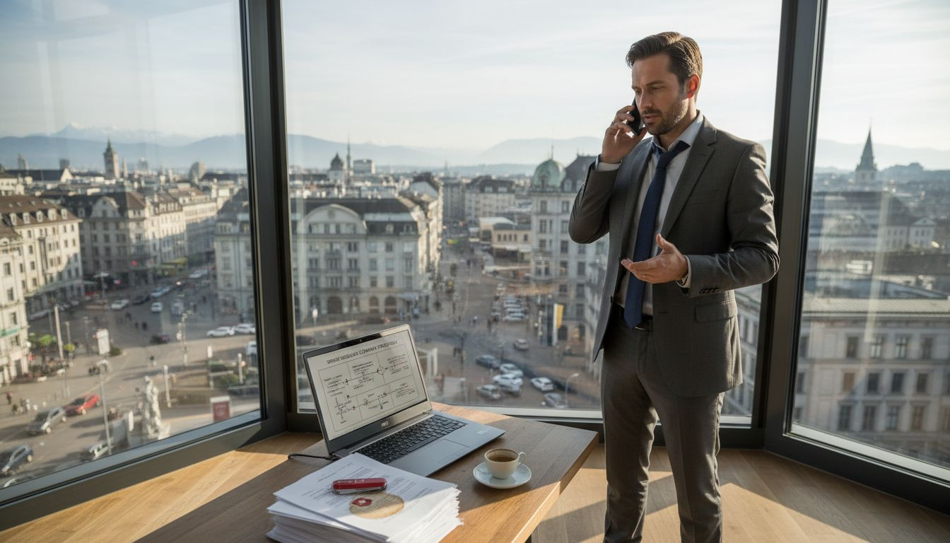 Entrepreneur managing Swiss business in city office