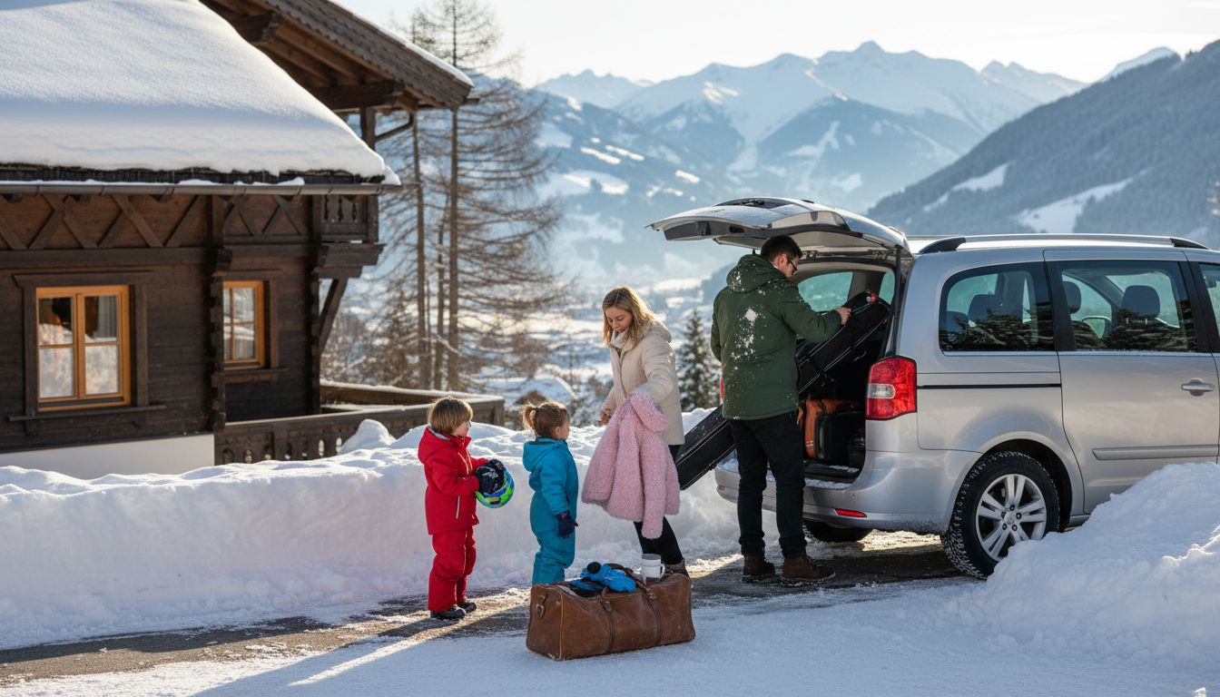 Family loading ski gear at minivan curb