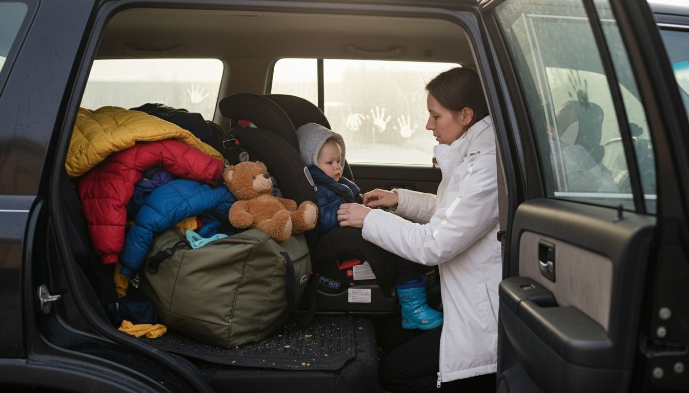 Driver installing child seat in SUV
