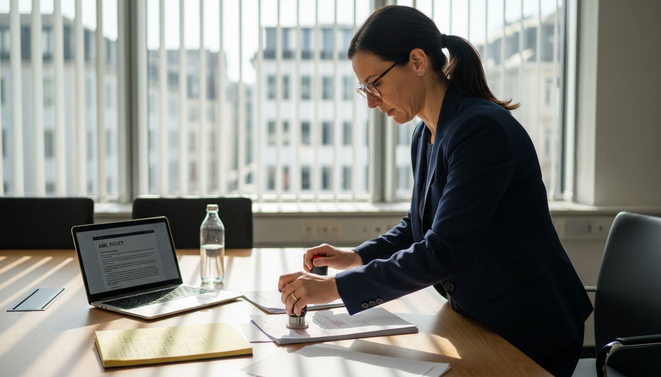 Legal specialist handling crypto compliance documents