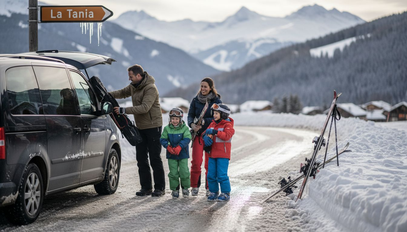 Family boarding private ski transfer van