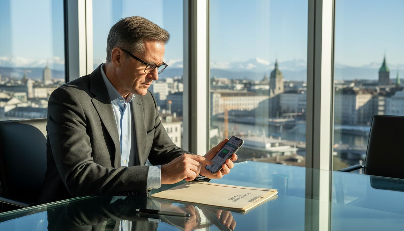 Banker reviews crypto documents in Zurich office
