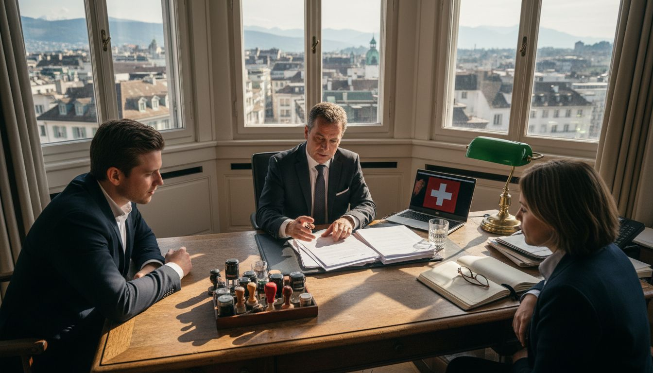 Swiss notary reviewing company documents