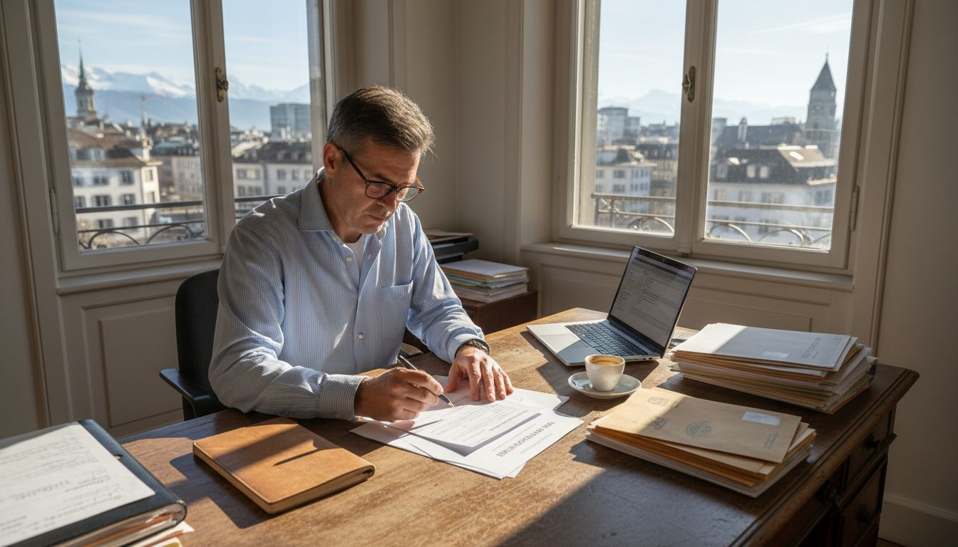 Swiss tax advisor reviewing VAT paperwork