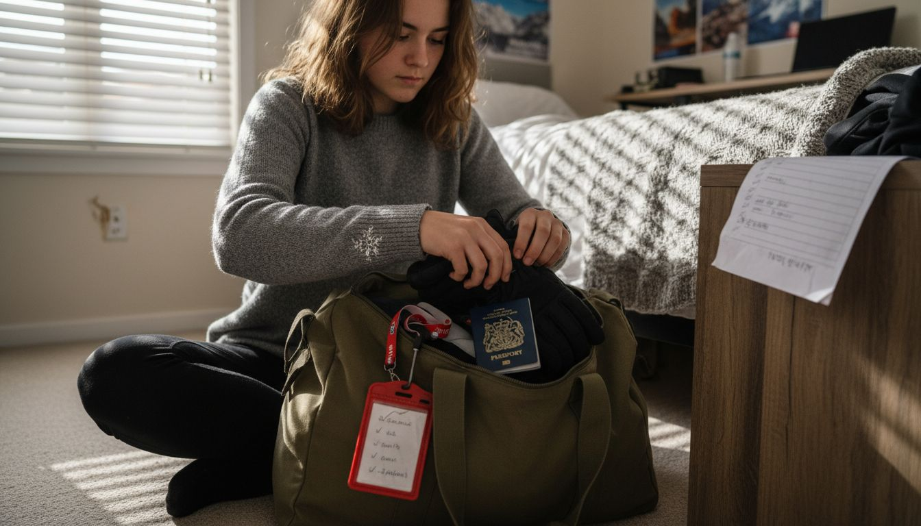 Teen packing ski gear and documents