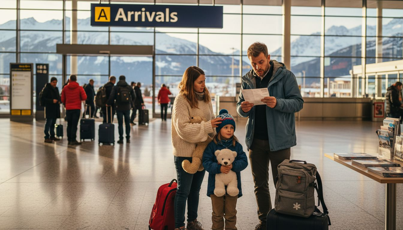 Family waiting at ski airport arrivals