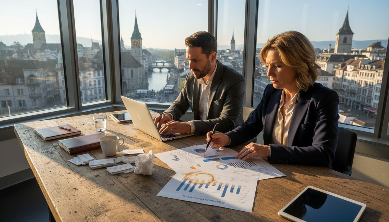 Entrepreneurs meeting in Swiss office with city view