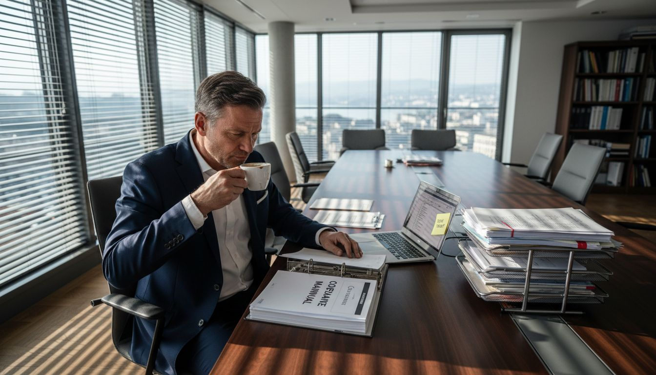 Swiss compliance officer reviews documents in office