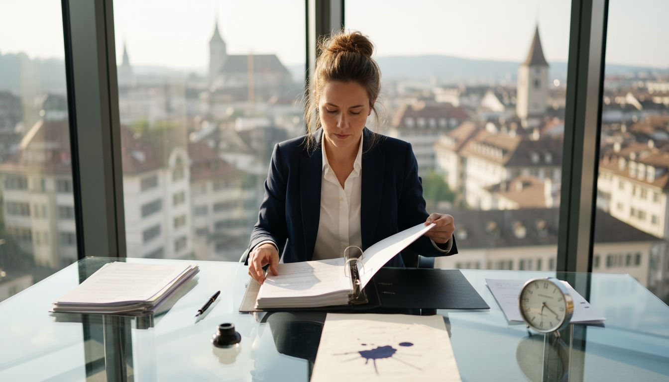 Swiss company secretary reviewing legal documents