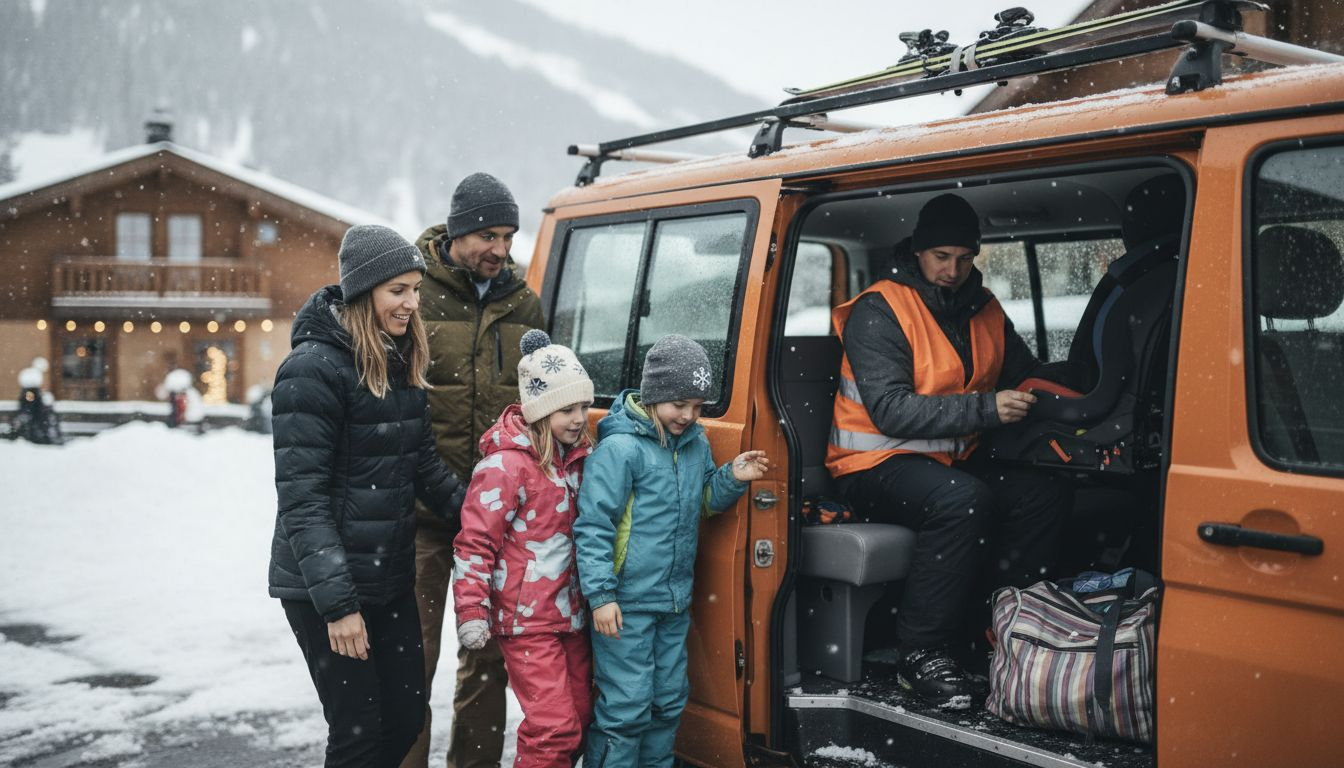 Family entering van for ski resort transfer