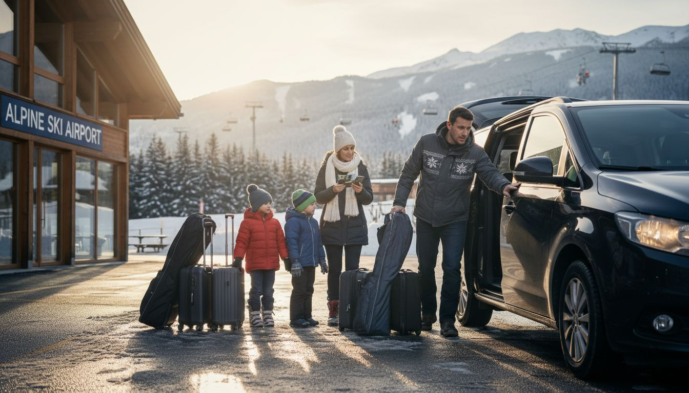 Family unloading ski gear at airport