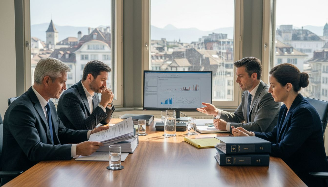 Swiss merger team discussing documents