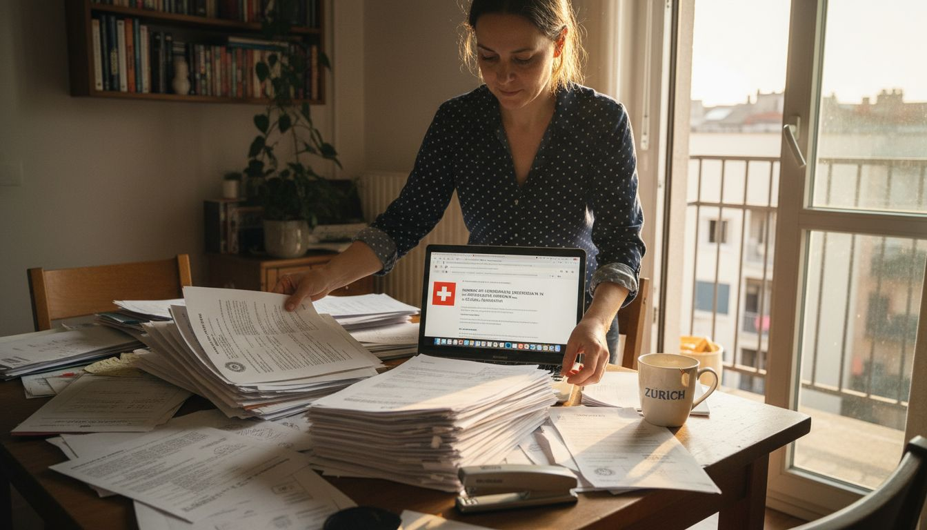 Applicant sorting Swiss visa paperwork at home table