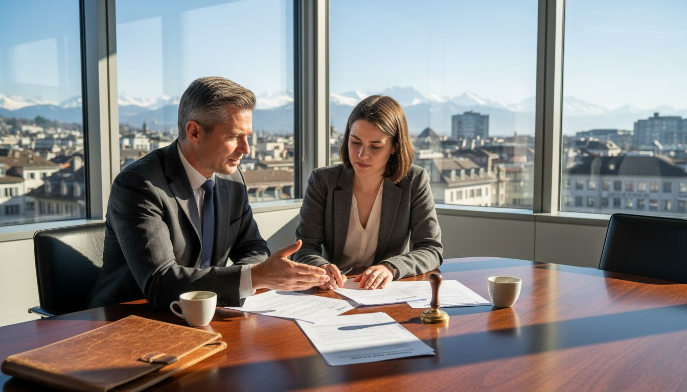 Attorney explaining Swiss legal forms in Zurich office