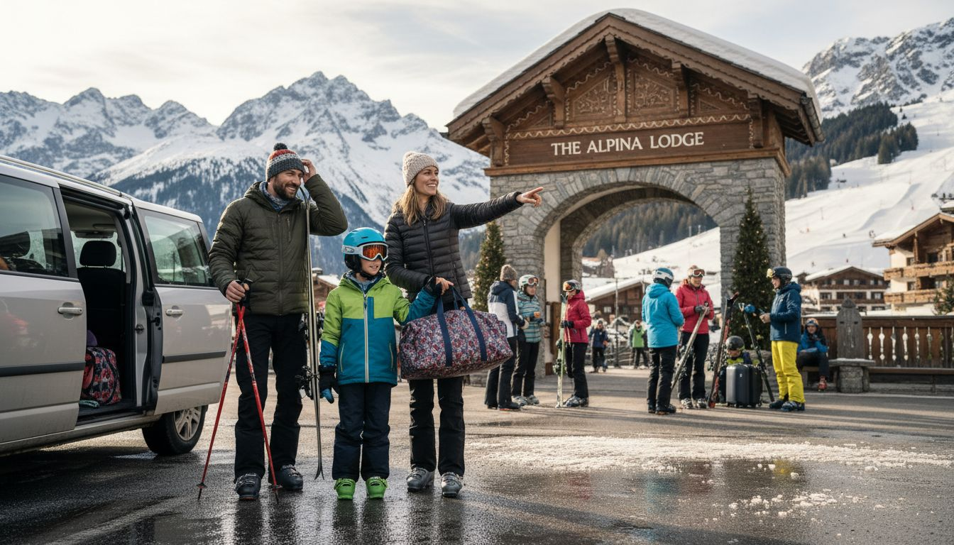 Family arriving by van at ski resort entrance