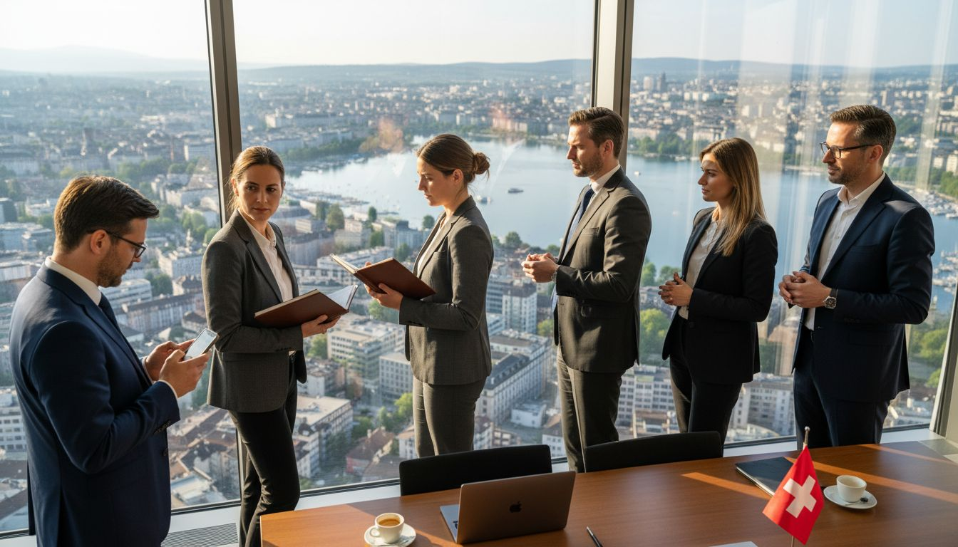 Executives overlook Zurich skyline in sunlit office