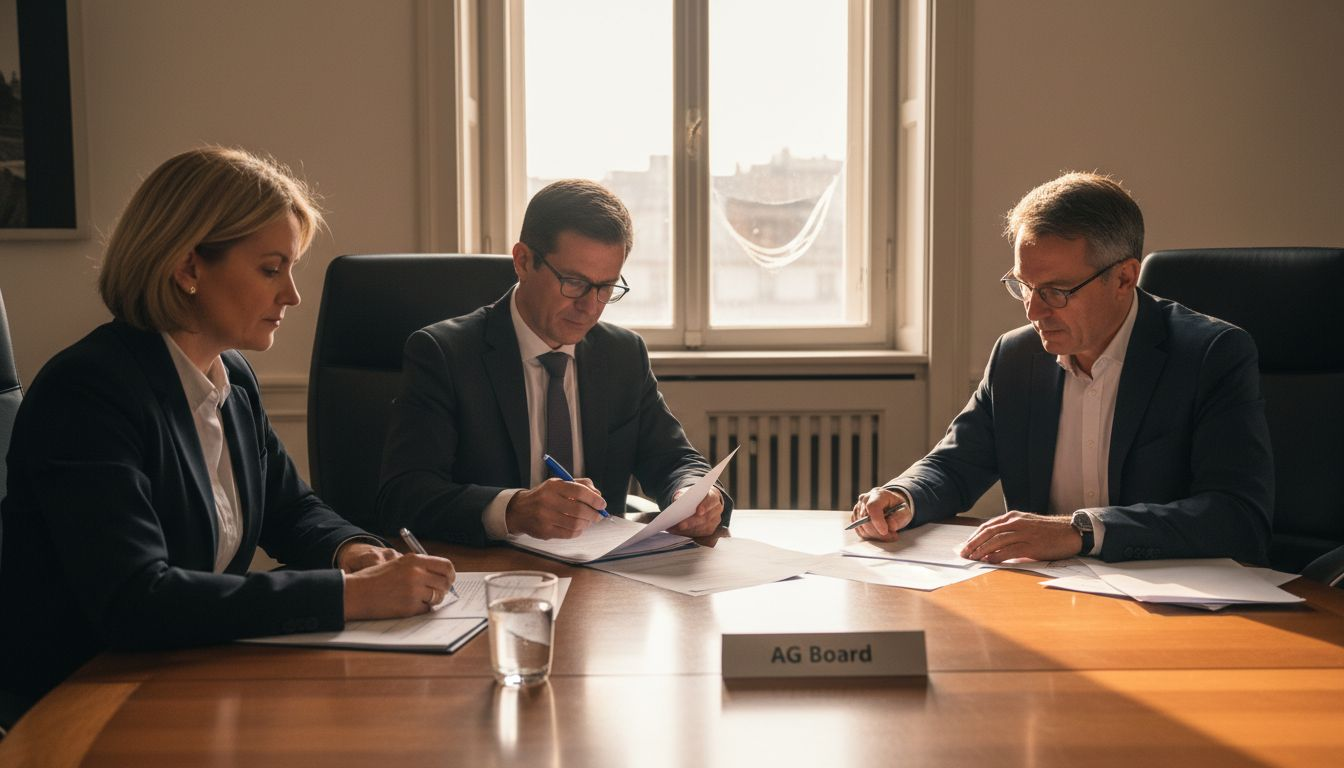 Swiss executives reading reports at boardroom table