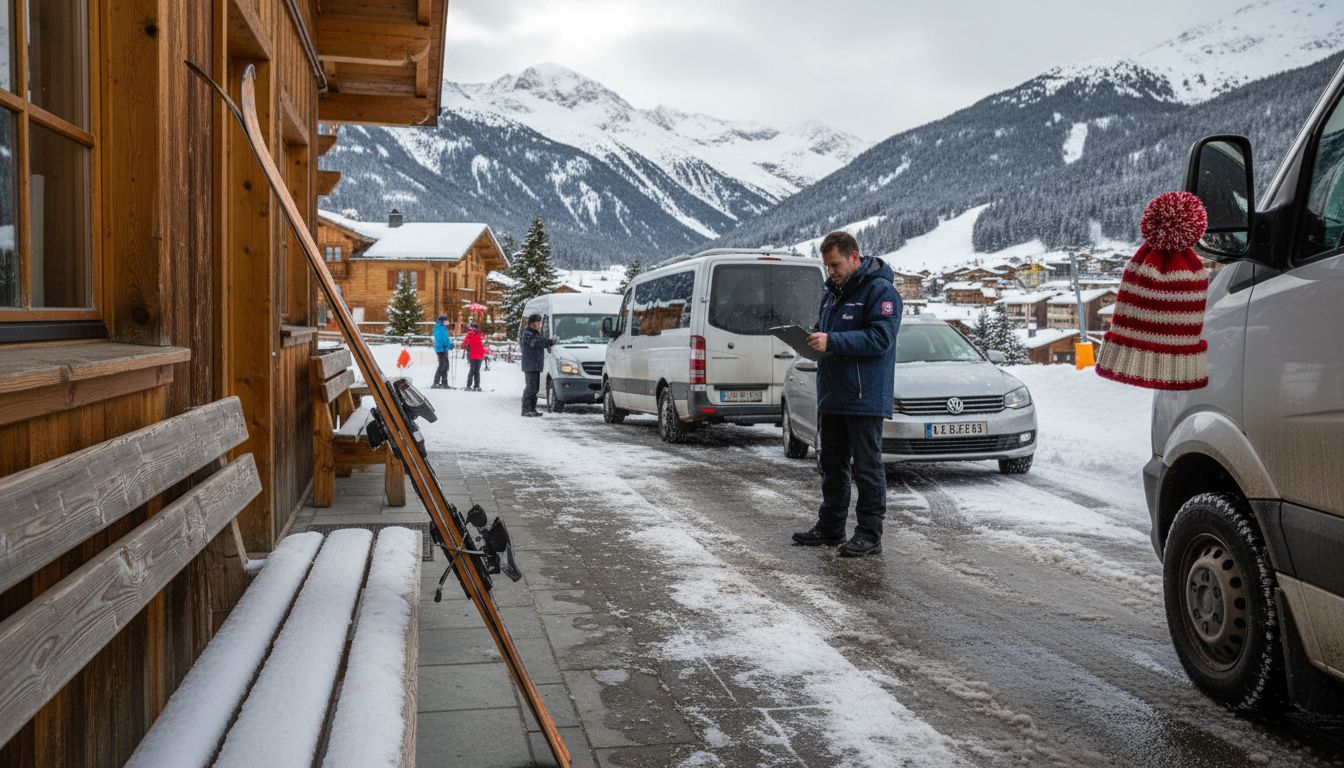 Fleet of ski transfer vehicles at resort curb