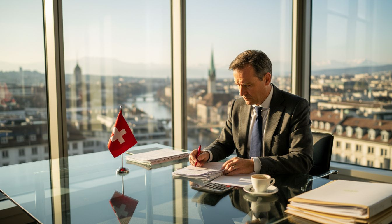 Swiss executive reviewing tax paperwork in office