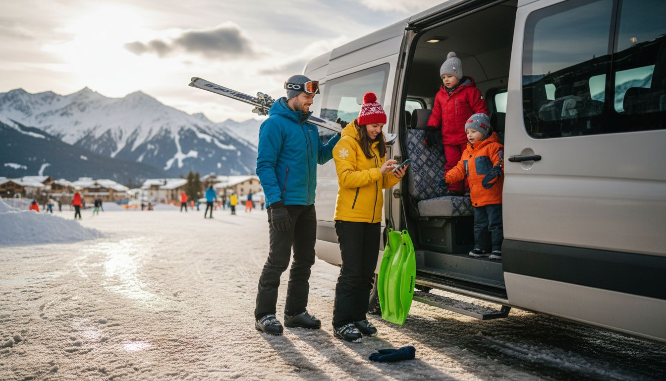 Family boarding ski shuttle at resort entrance