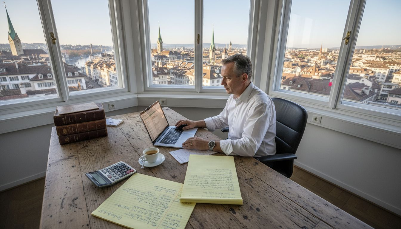 Swiss accountant reviews reports in office