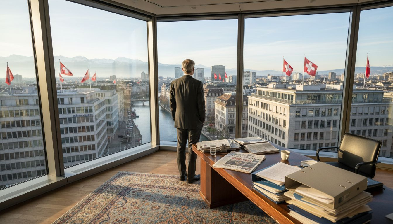 Executive in Swiss office overlooking skyline