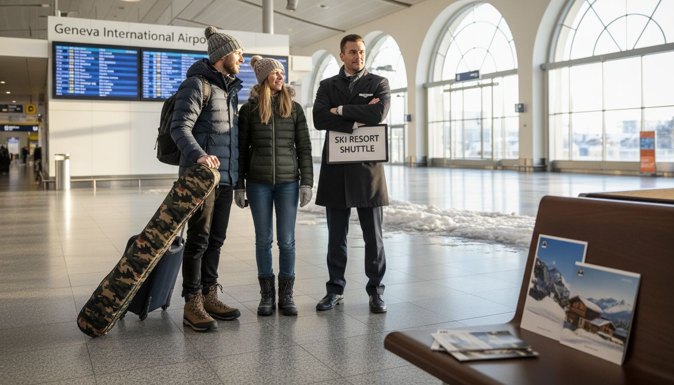 Travelers meeting ski transfer at Geneva airport