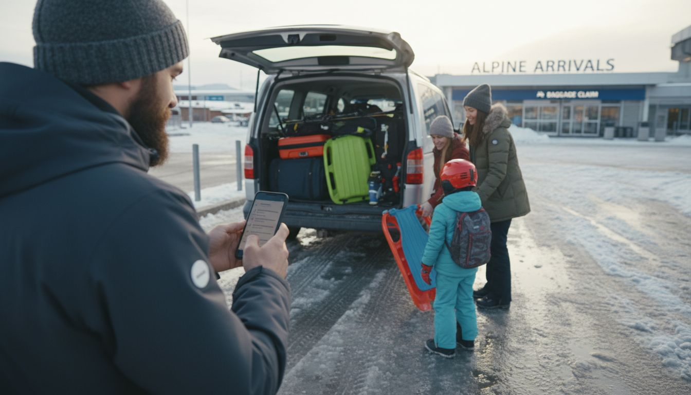 Family loading skis and bags for transfer