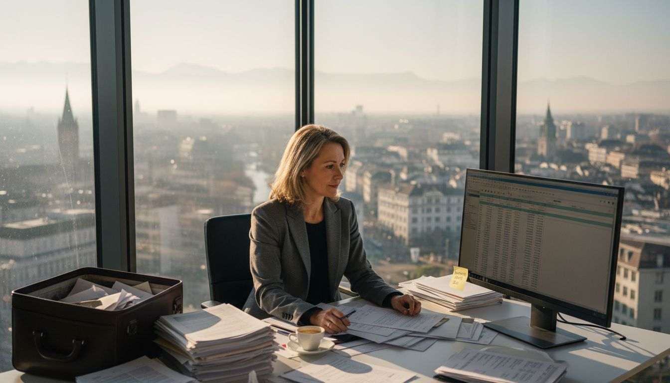Swiss businesswoman reviewing regulatory spreadsheet