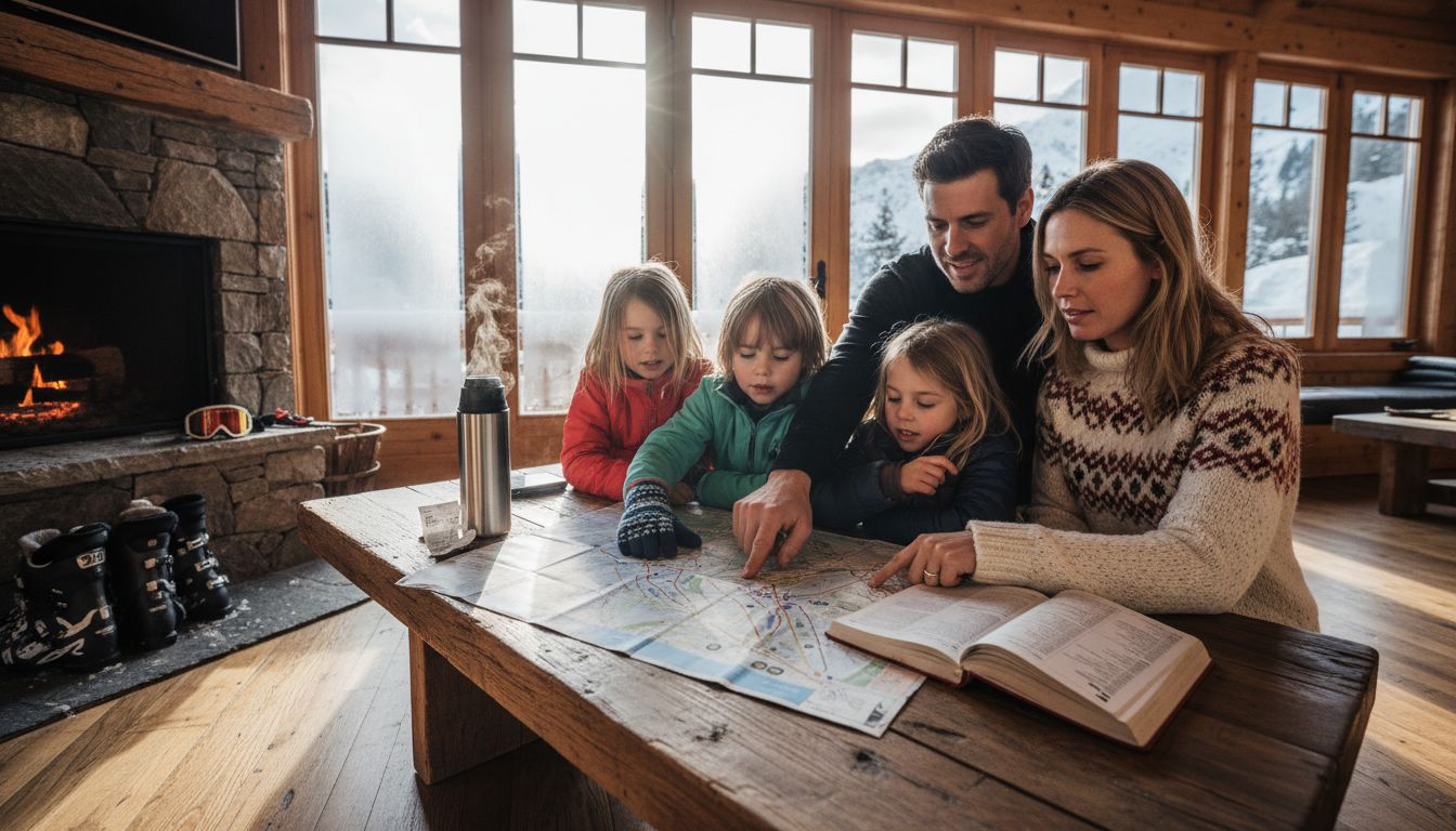 Family planning ski trip in cozy alpine lodge