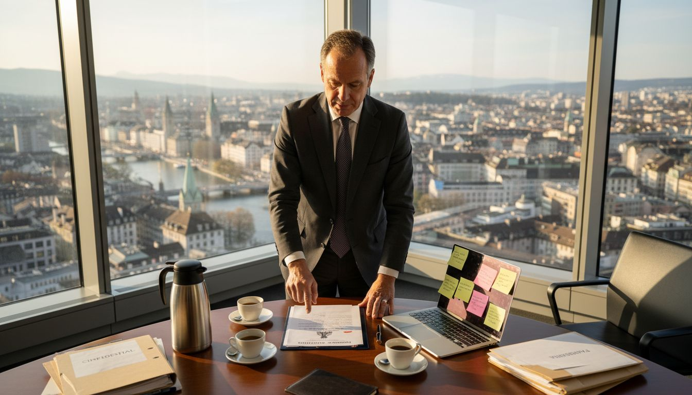 Legal advisor in Swiss boardroom city view