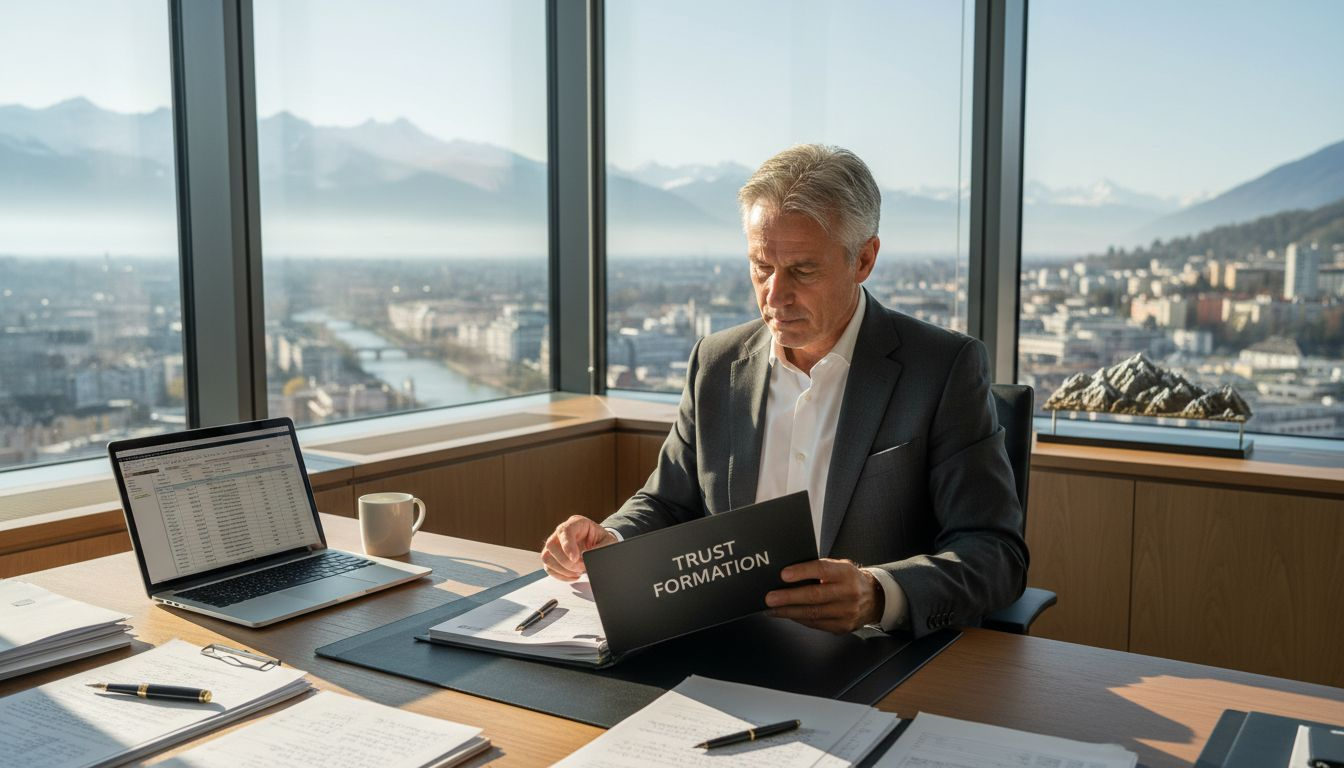 Swiss advisor reviewing trust formation paperwork