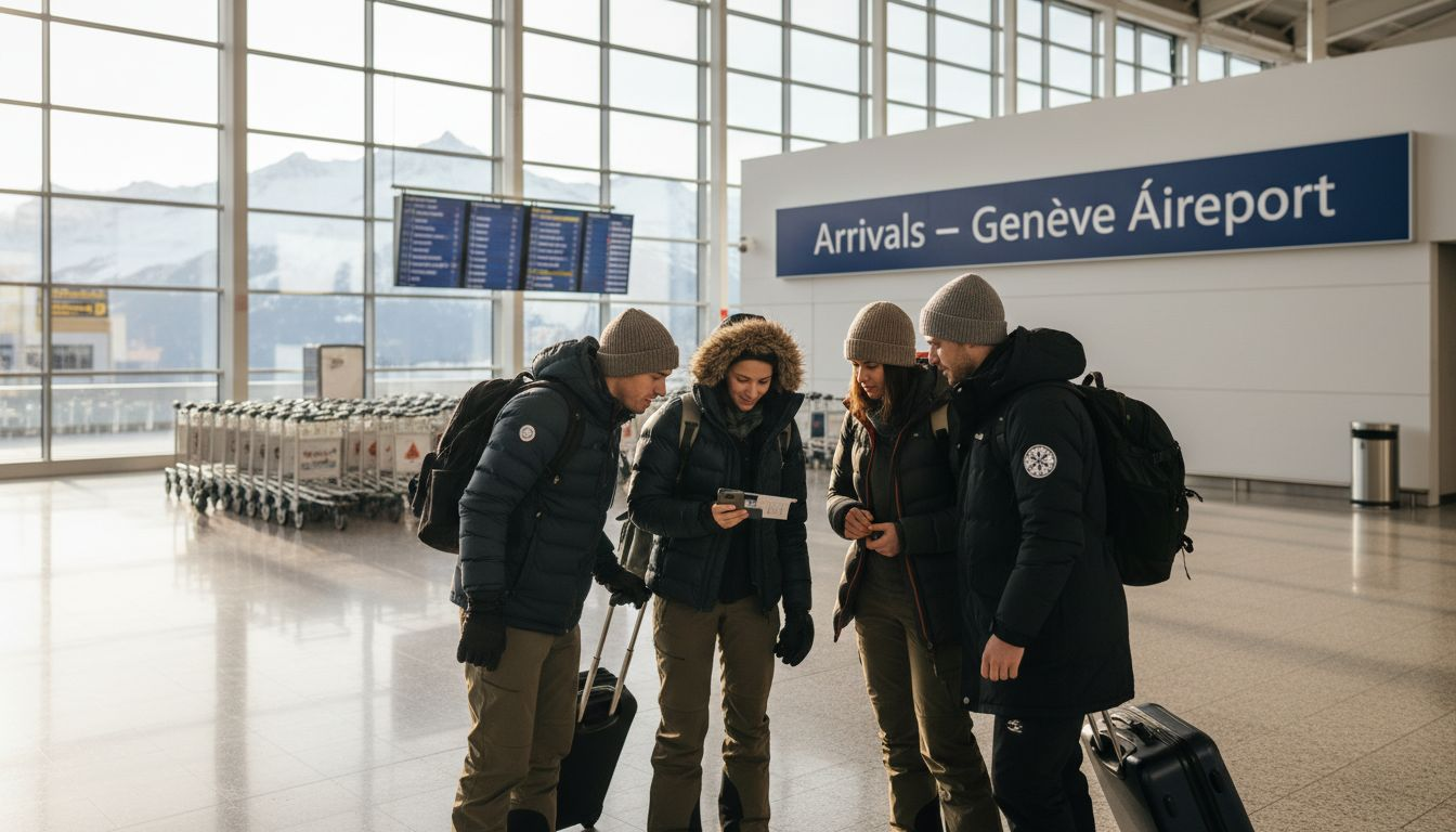 Travelers booking ski transfer at Geneva Airport