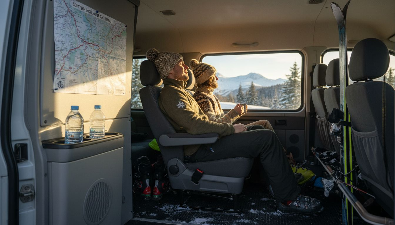 Skiers seated in transfer van with gear