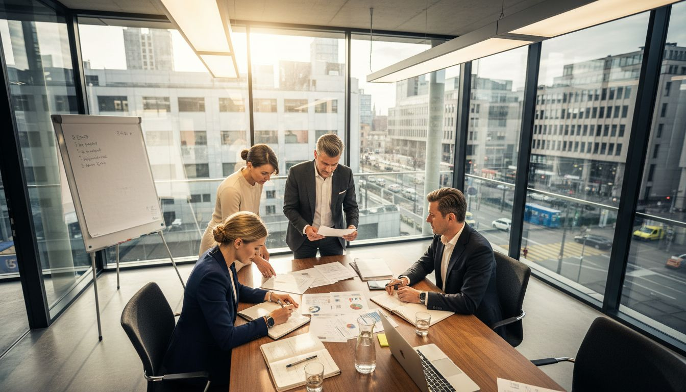 Swiss executives reviewing administration in office