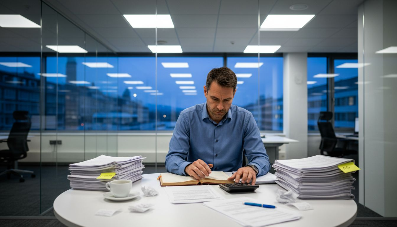 Accountant sorting Swiss GmbH and AG paperwork
