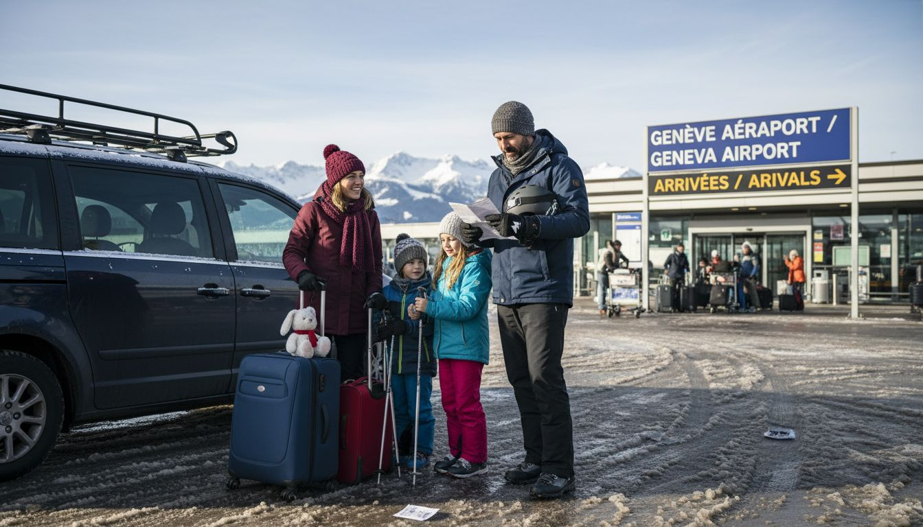 Family waiting for ski transfer outside airport