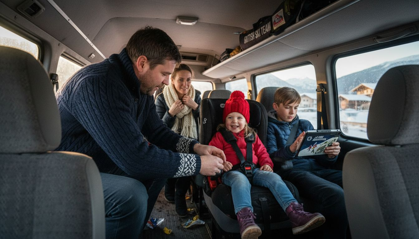 Family using ski transfer van to Alps