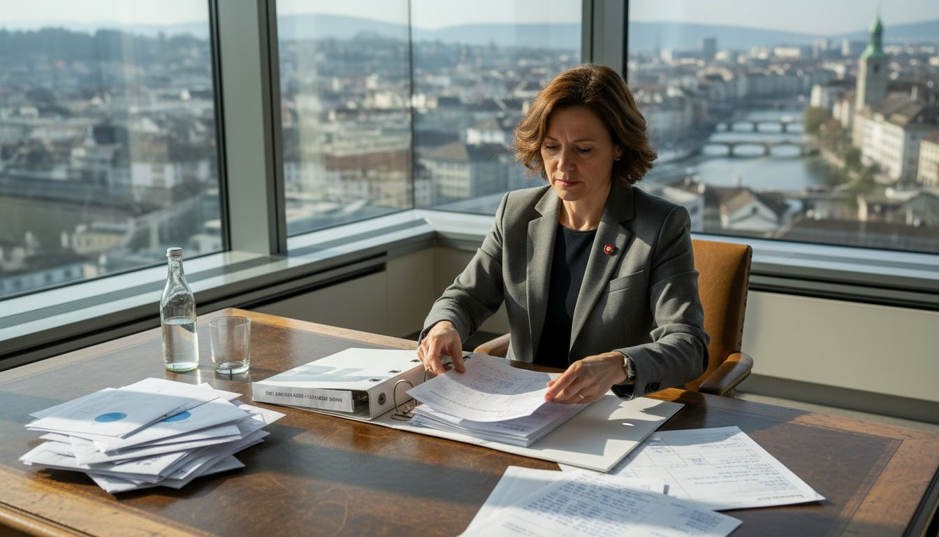 Swiss administrator sorting annual reports in office