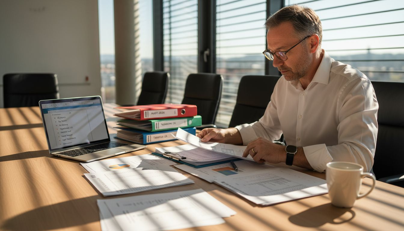 Accountant reviews Swiss compliance paperwork