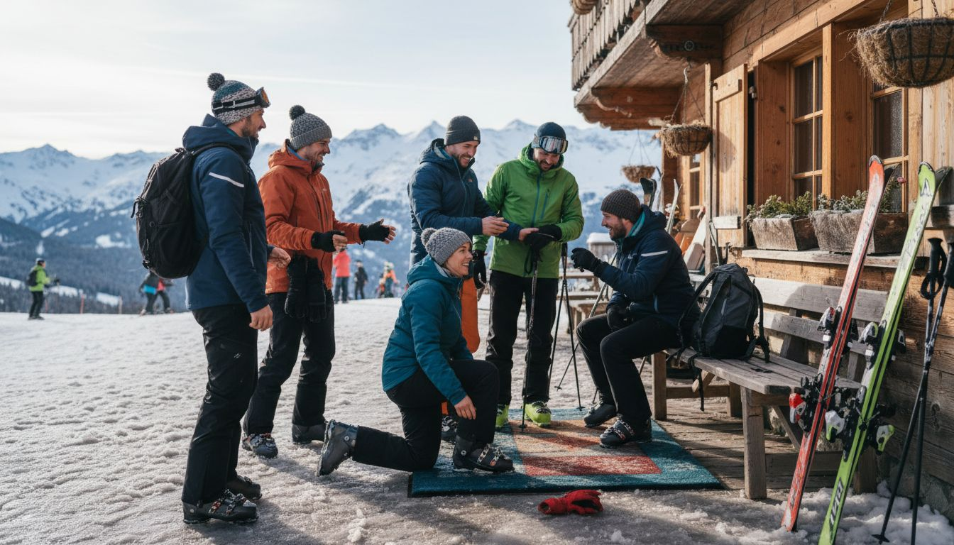 Skiers loading gear into snowy minibus