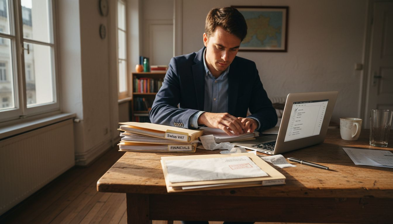 Entrepreneur organizing VAT paperwork in Zurich