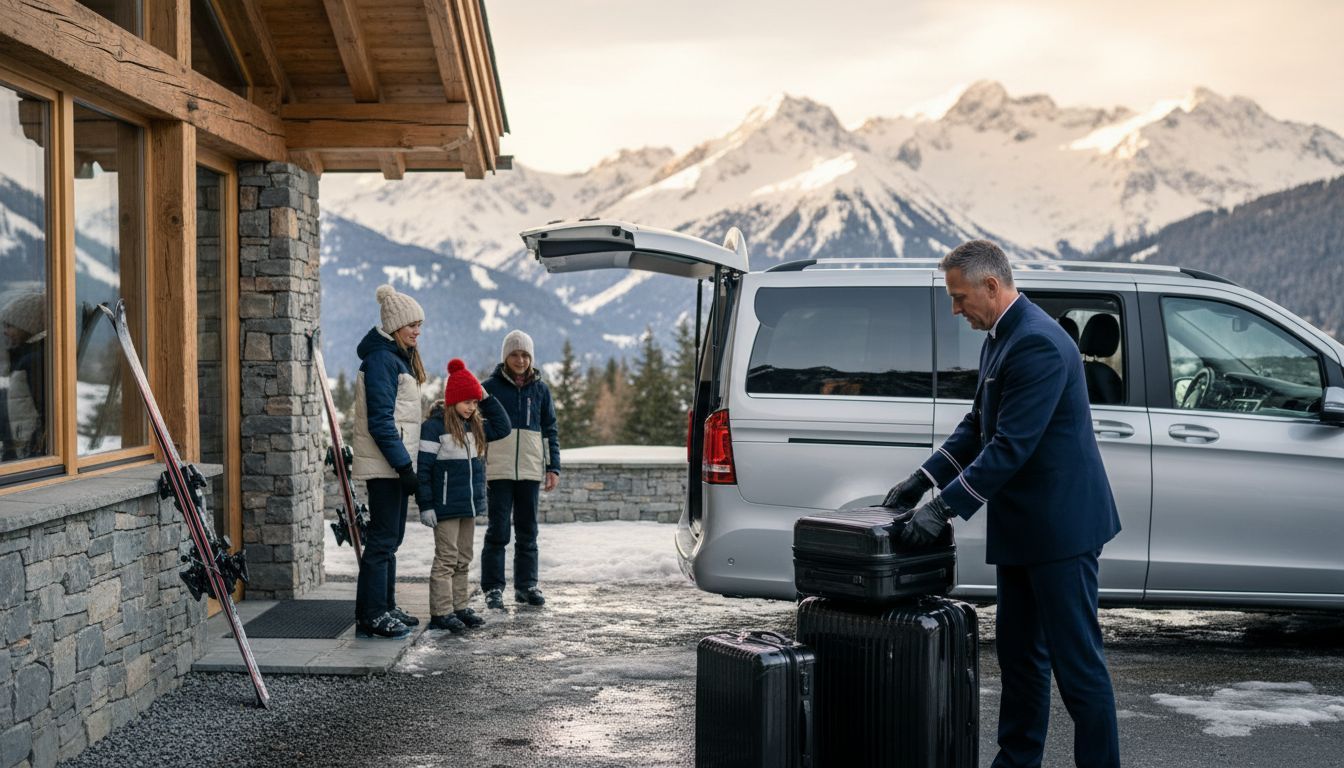 Chauffeur assists luxury travellers outside mountain lodge