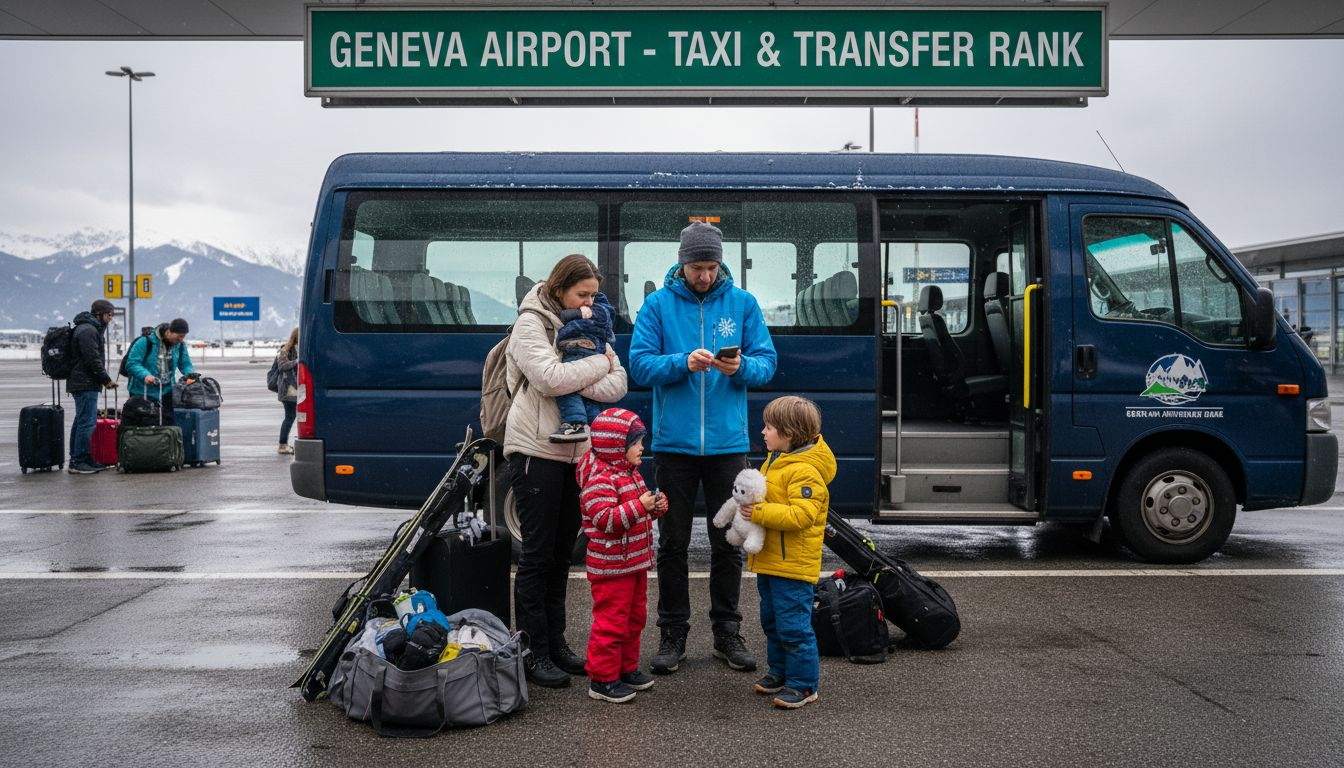 Family waiting for ski transfer at Geneva airport
