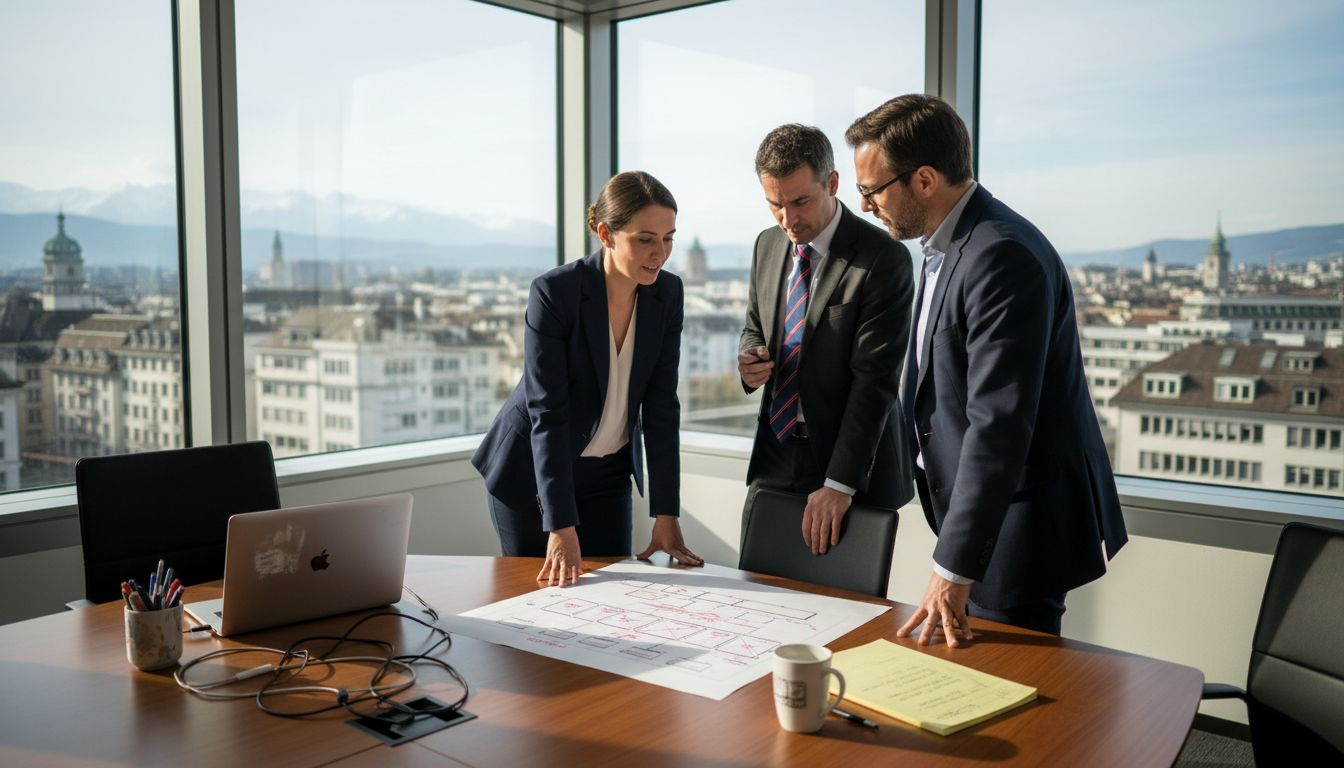 Team discussing Swiss company structure in city office