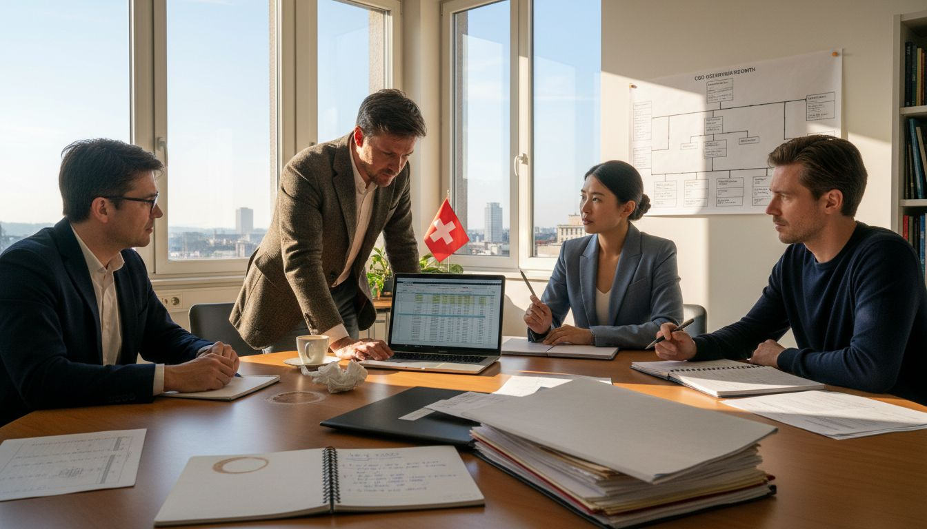 Swiss office team reviewing company structure