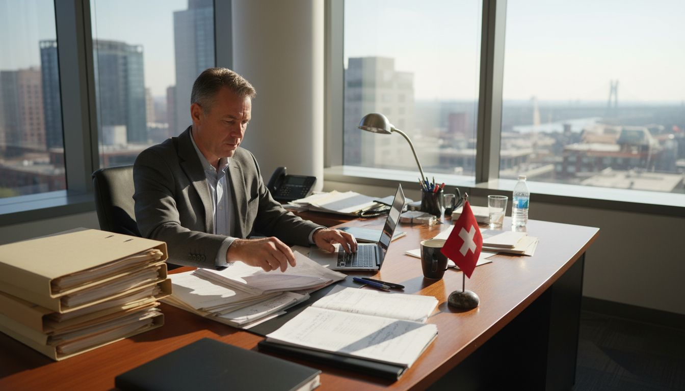 Agent reviewing company documents in Swiss office